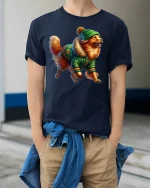 Cozy Winter Dog Tee with Cute Pup in Green Jacket Holiday Style - model wearing navy tee with hands in pockets