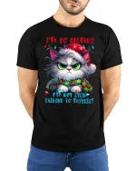 Funny Grumpy Cat Tee with Holiday Humor and Cute Angry Style - model wearing black tee with hands behind back