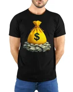 Money Bag Tee with Pile of Cash Graphic Rich Vibes Style - model wearing black tee with hands behind back