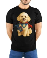 Super Pup Hero Tee with Cute Dog in Cape Fantasy Art Design - model wearing black tee with hands behind back