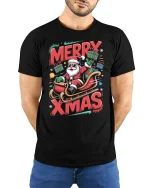 Merry Xmas Santa Sleigh Ride Tee with Fun Holiday Graphic Art - model wearing black tee with hands behind back