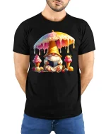 Cute Ice Cream Gnome Reading Tee with Colorful Sweet Art Print - model wearing black tee with hands behind back