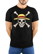 Straw Hat Pirate Skull Tee with Bold Crossbones Graphic Art - model wearing black tee with hands behind back