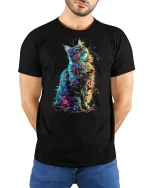 Vibrant Rainbow Cat Tee with Colorful Artistic Feline Design - model wearing black tee with hands behind back