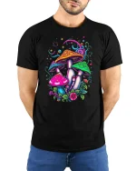 Psychedelic Rainbow Mushroom Tee with Colorful Fantasy Art - model wearing black tee with hands behind back