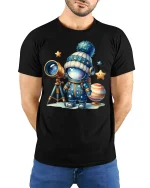 Cute Space Explorer Tee with Telescope and Adorable Astronaut - model wearing black tee with hands behind back