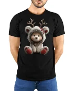 Cute Reindeer Bear Tee with Cozy Winter Hoodie and Soft Style - model wearing black tee with hands behind back