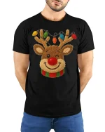 Cute Reindeer Tee with Colorful Christmas Lights and Cozy Charm - model wearing black tee with hands behind back