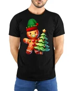 Cute Gingerbread Tee with Christmas Tree and Festive Holiday Charm - model wearing black tee with hands behind back