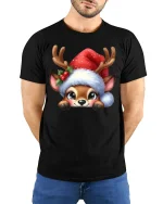 Cute Reindeer Christmas Tee with Santa Hat and Adorable Holiday Art - model wearing black tee with hands behind back