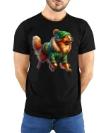 Cozy Winter Dog Tee with Cute Pup in Green Jacket Holiday Style - model wearing black tee with hands behind back