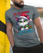 Funny Grumpy Cat Tee with Holiday Humor and Cute Angry Style - model wearing grey tee, leaning on column