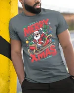 Merry Xmas Santa Sleigh Ride Tee with Fun Holiday Graphic Art - model wearing grey tee, leaning on column