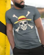 Straw Hat Pirate Skull Tee with Bold Crossbones Graphic Art - model wearing grey tee, leaning on column