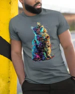 Vibrant Rainbow Cat Tee with Colorful Artistic Feline Design - model wearing grey tee, leaning on column
