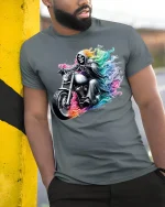 Rainbow Reaper Motorcycle Tee with Colorful Rider Artwork - model wearing grey tee, leaning on column