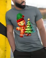 Cute Gingerbread Tee with Christmas Tree and Festive Holiday Charm - model wearing grey tee, leaning on column