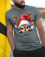 Cute Reindeer Christmas Tee with Santa Hat and Adorable Holiday Art - model wearing grey tee, leaning on column