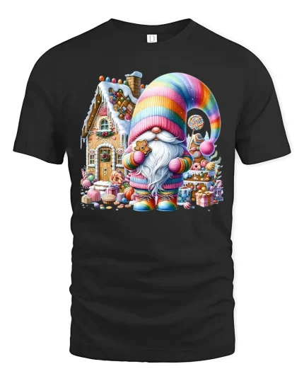 Colorful Gingerbread Gnome Tee with Candy House Christmas Art - black t-shirt on white background