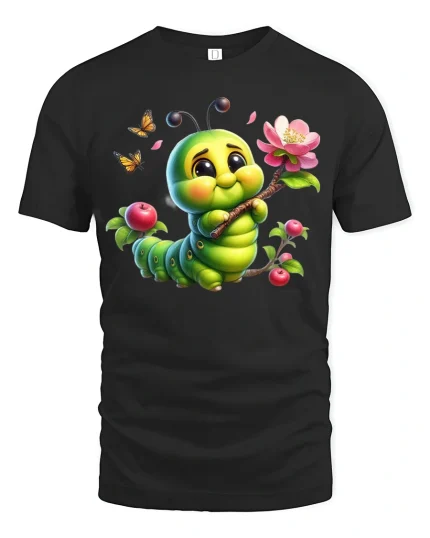 Cute Caterpillar Blossom Tee with Adorable Nature Artwork - black t-shirt on white background