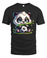 Cute Panda Soccer Tee with Bamboo and Adorable Sports Artwork - black t-shirt on white background