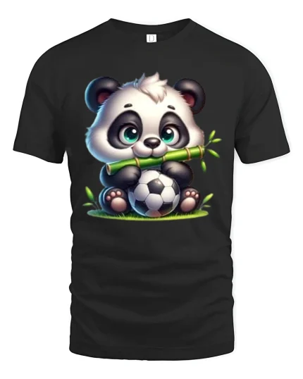Cute Panda Soccer Tee with Bamboo and Adorable Sports Artwork - black t-shirt on white background