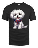 Cute White Puppy Tee with Plaid Scarf and Adorable Dog Artwork - black t-shirt on white background