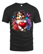 Cute Puppy Heart Tee with Flowers and Butterflies Artwork - black t-shirt on white background