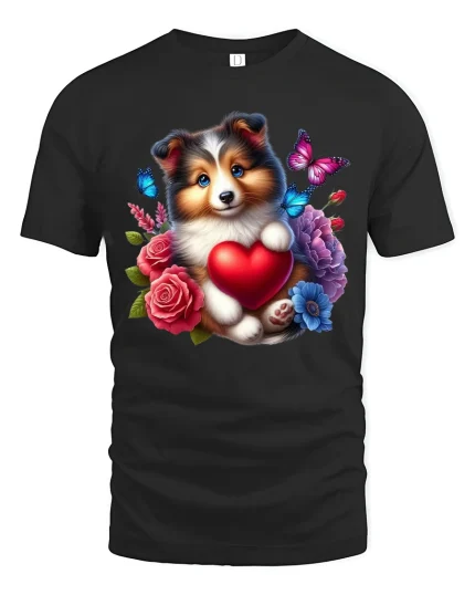 Cute Puppy Heart Tee with Flowers and Butterflies Artwork - black t-shirt on white background