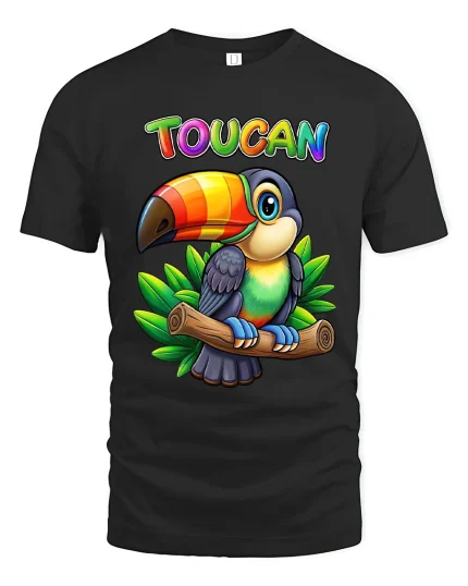 Colorful Toucan Tee with Tropical Cartoon Bird Jungle Artwork - black t-shirt on white background