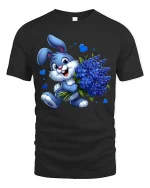 Cute Blue Bunny Bouquet Tee with Adorable Flower Art Design - black t-shirt on white background