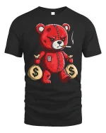 Savage Money Bear Tee with Badass Red Teddy Graphic Art - black t-shirt on white background