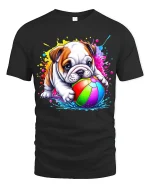 Color Splash Bulldog Tee with Cute Pup and Rainbow Ball Art - black t-shirt on white background