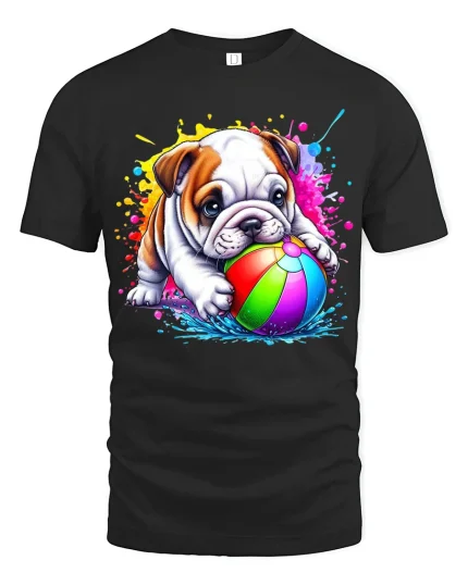Color Splash Bulldog Tee with Cute Pup and Rainbow Ball Art - black t-shirt on white background