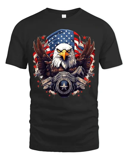 American Eagle Patriotic Tee with Bold USA Flag Power Design - black t-shirt on white background