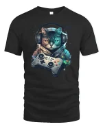 Retro Gamer Cat Tee with Headphones and Neon Controller Art - black t-shirt on white background