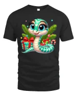 Cute Christmas Snake Tee with Gifts and Holiday Cheer Design - black t-shirt on white background