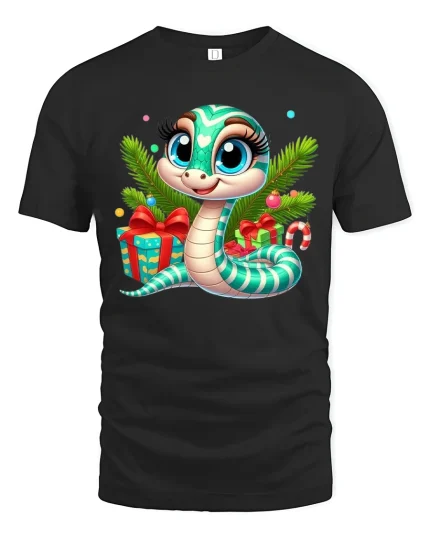 Cute Christmas Snake Tee with Gifts and Holiday Cheer Design - black t-shirt on white background