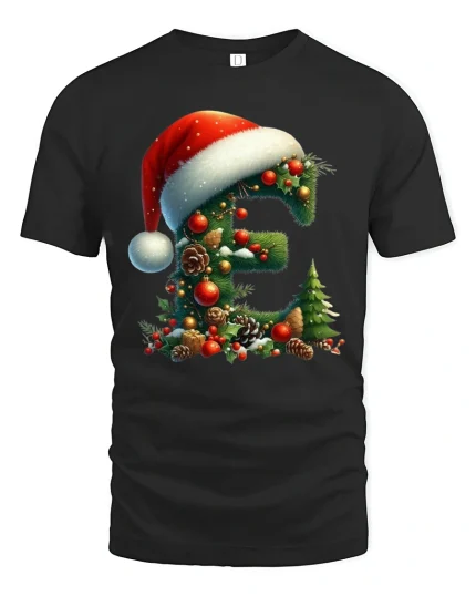Christmas Letter E Tee Festive Santa Hat Holiday Design - black t-shirt on white background