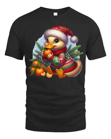 Christmas Duck Tee Cute Holiday Sweater Orange Fruit Design - black t-shirt on white background