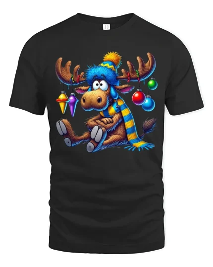 Funny Christmas Moose Tee Winter Hat Scarf Festive Ornaments - black t-shirt on white background