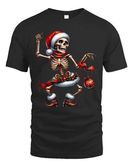 Dancing Christmas Skeleton Tee Funny Festive Holiday Design - black t-shirt on white background