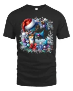 Christmas Floral E Initial Tee with Cute Deer Holiday Design - black t-shirt on white background