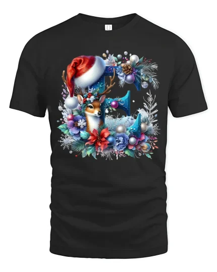 Christmas Floral E Initial Tee with Cute Deer Holiday Design - black t-shirt on white background
