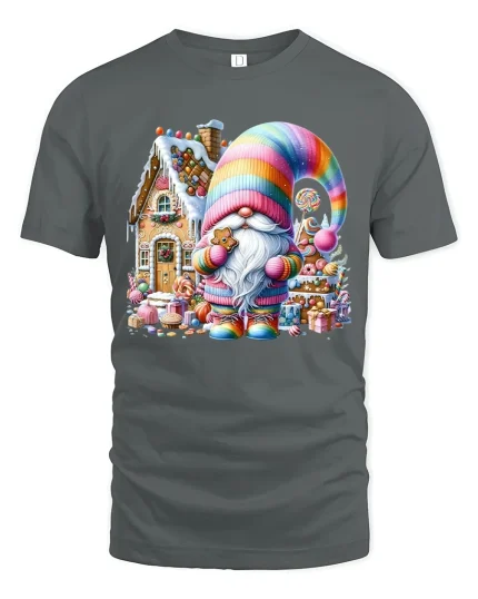Colorful Gingerbread Gnome Tee with Candy House Christmas Art - gray t-shirt on white background