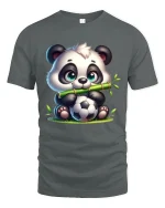Cute Panda Soccer Tee with Bamboo and Adorable Sports Artwork - gray t-shirt on white background