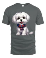 Cute White Puppy Tee with Plaid Scarf and Adorable Dog Artwork - gray t-shirt on white background