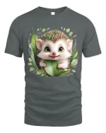 Cute Hedgehog Tee with Green Leaf Art and Big Eye Woodland Style - gray t-shirt on white background