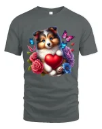 Cute Puppy Heart Tee with Flowers and Butterflies Artwork - gray t-shirt on white background