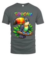 Colorful Toucan Tee with Tropical Cartoon Bird Jungle Artwork - gray t-shirt on white background